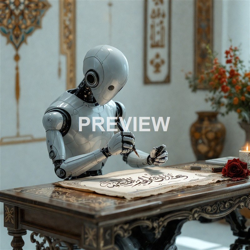A humanoid robot with a sleek, white exterior is sitting at an ornate wooden table, holding a pen and writing on a large sheet of paper, with a rose and a lit candle on the table, and decorative wall art and a vase with flowers in the background.